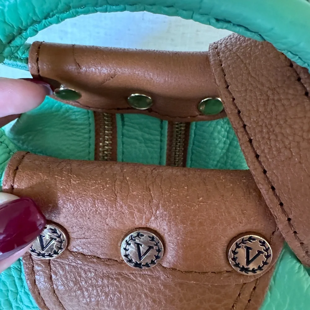 Valentina Italian Pebbled Leather‎ Sling Bag Backpack Purse Mint Green /Brown